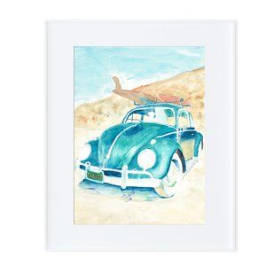 VW Beetle with Surfboard Watercolor Art Print